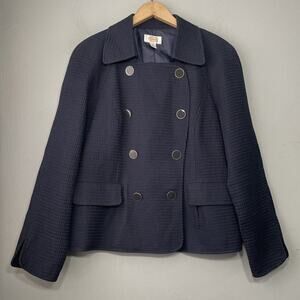Talbots Jacket Size 18 Navy Textured Waffle Nautical Double Breasted Military